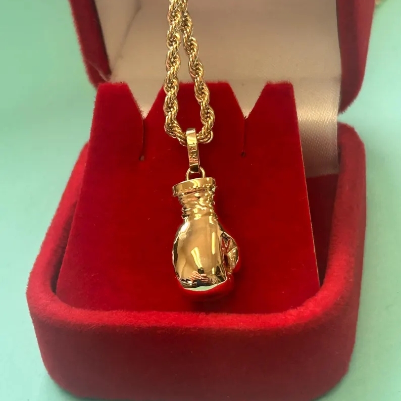 Gold Plated Boxing Glove Pendant Necklace with Rope Chain Sports Jewelry