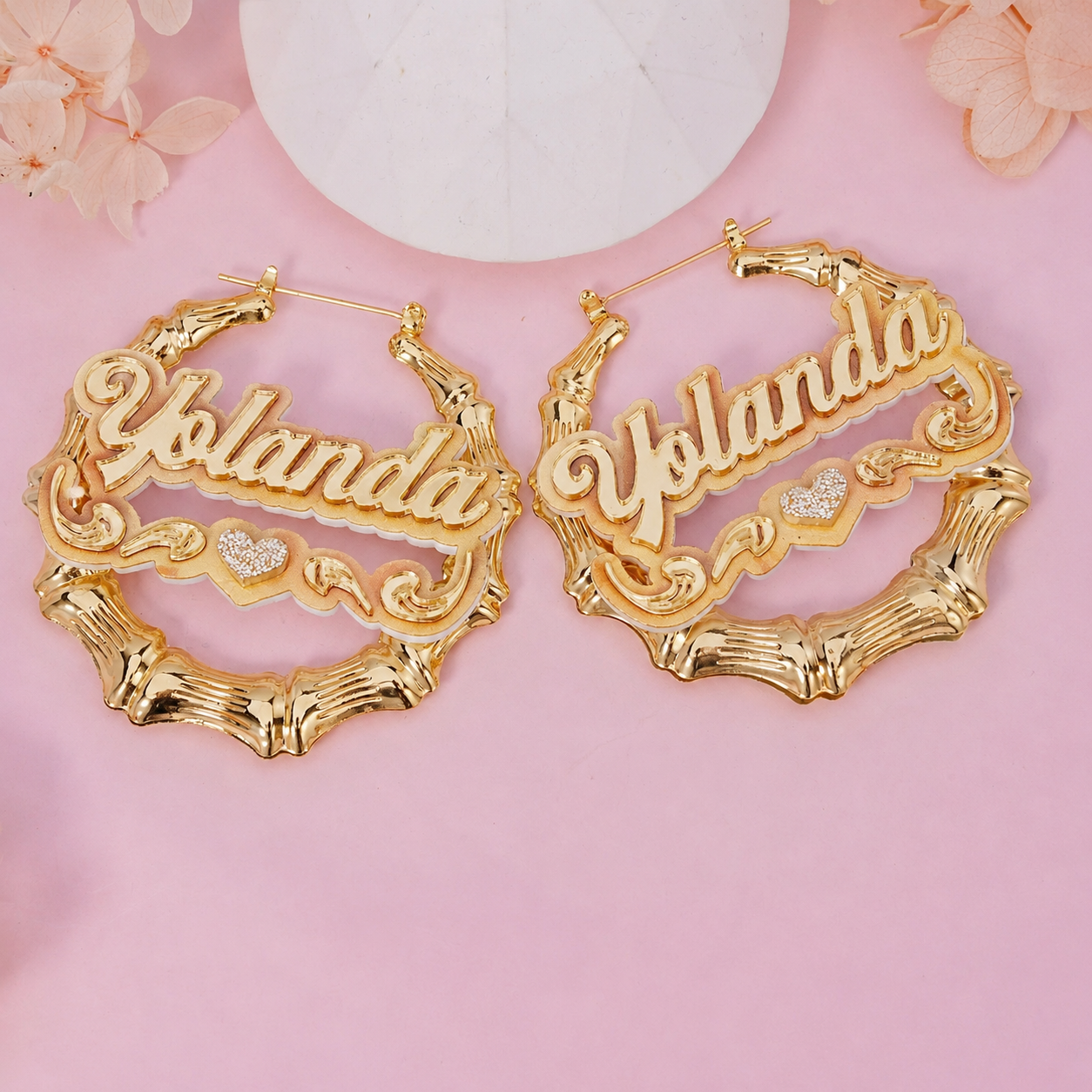 Acrylic Gold Plated Name Earrings with Heart Custom Bamboo Earrings