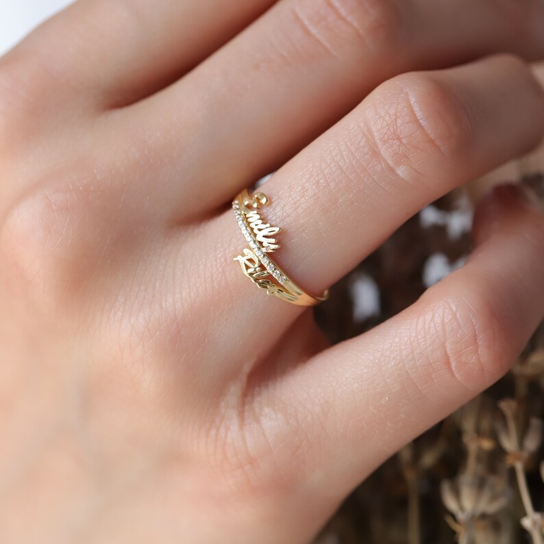 Custom Gold Plated 2 Names Ring Personalized Diamond Name Ring