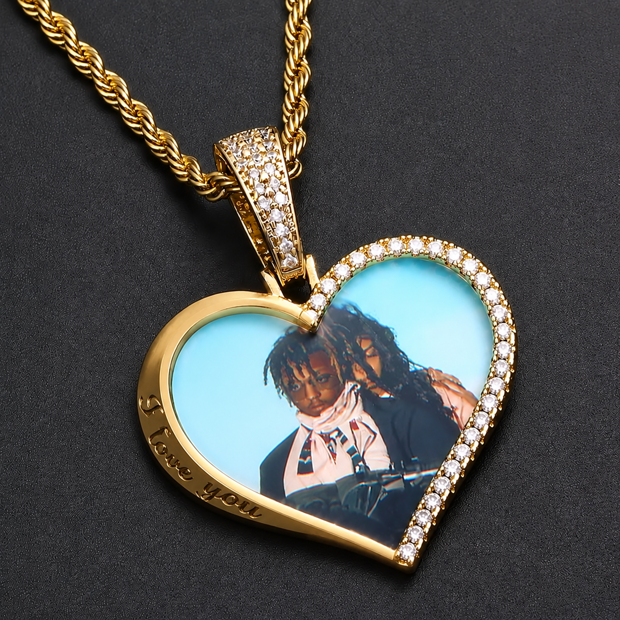 Gold Plated Love Heart Photo Necklace Personalized Diamond Engraved Photo Necklace