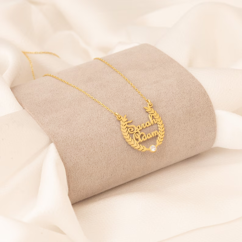 Gold Plated Laurel Wreath Names Necklace Custom Double Names Necklace