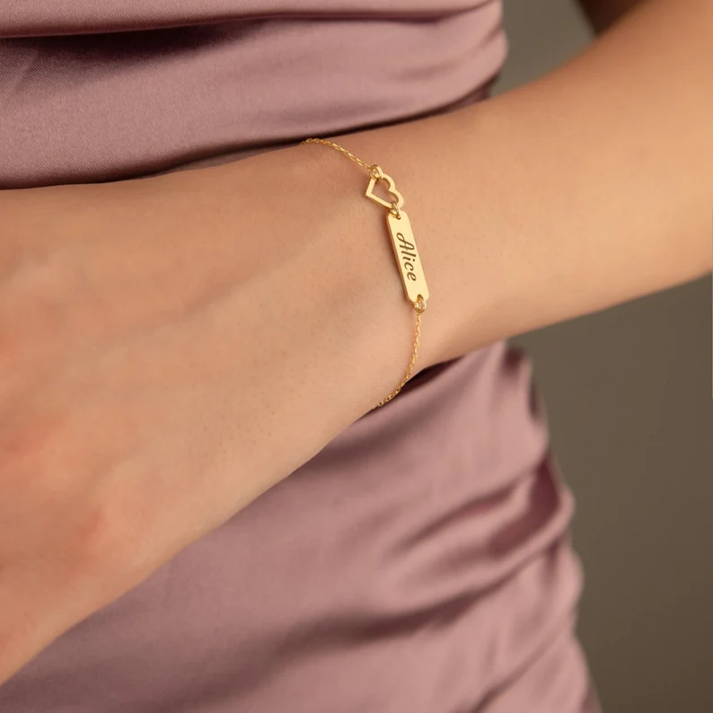 Gold Plated Bar Name Bracelet with Heart