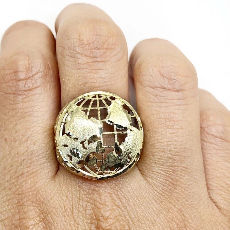 Mens Gold Plated Globe Earth Planet World Map Ring