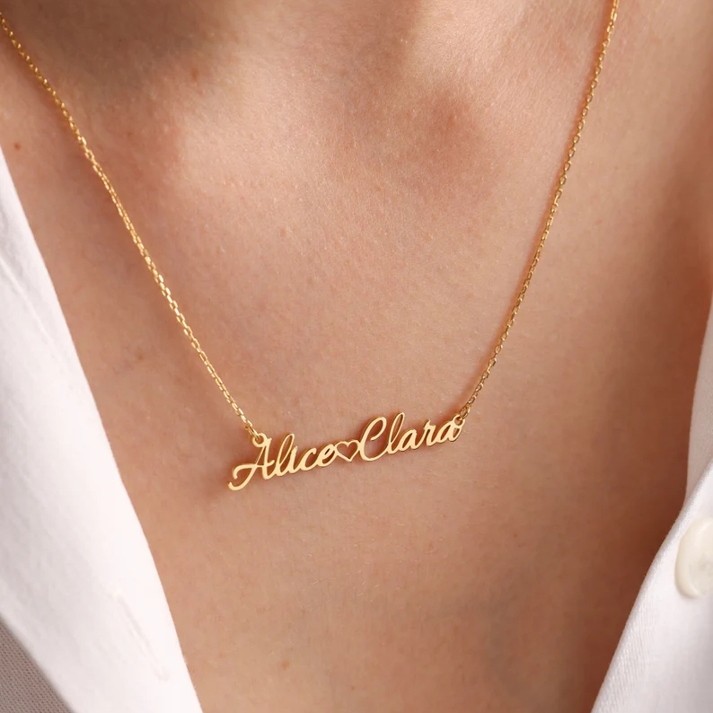 Gold Plated Two Names Necklace Custom Names Necklace with Heart