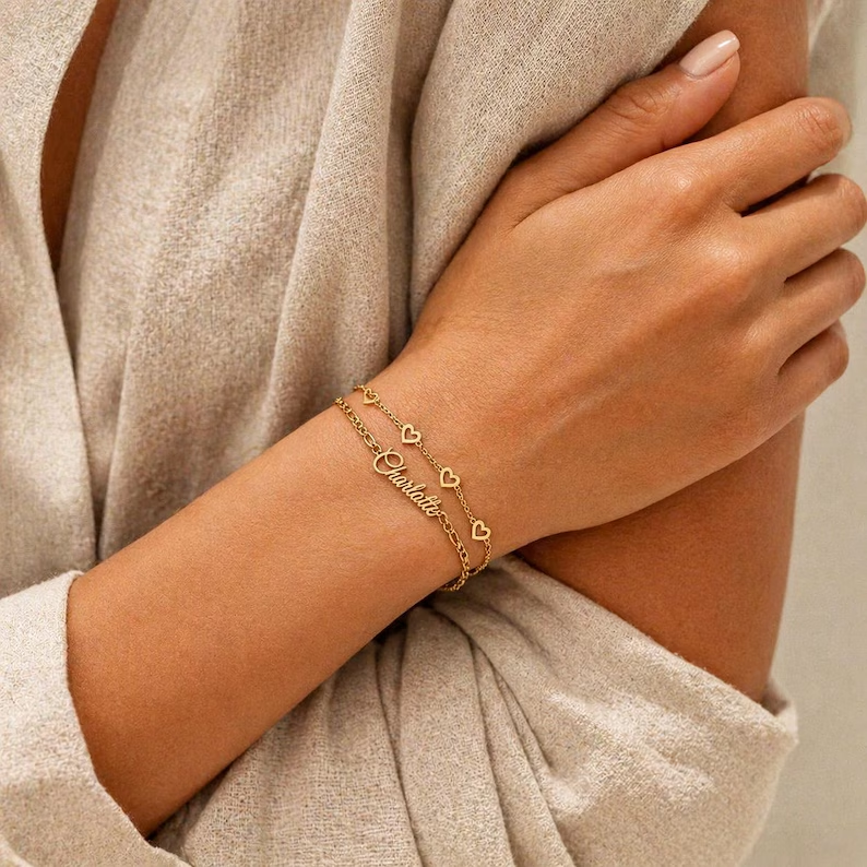 Custom Double Layer Name Bracelet with Hearts Gold Plated Bracelet