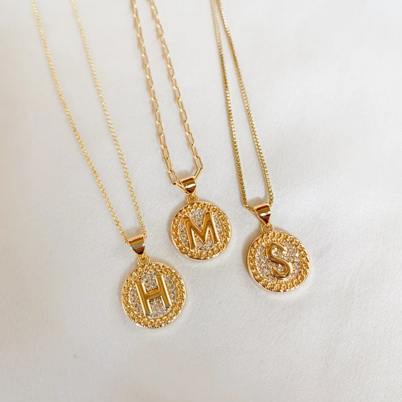 Custom Initial Letter Pendant Necklace Gold Plated Round Initial Necklace with Diamond
