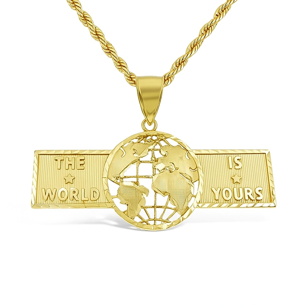 Gold Plated Earth Pendant with Rope Chain  "Globe The World is Yours " Necklace
