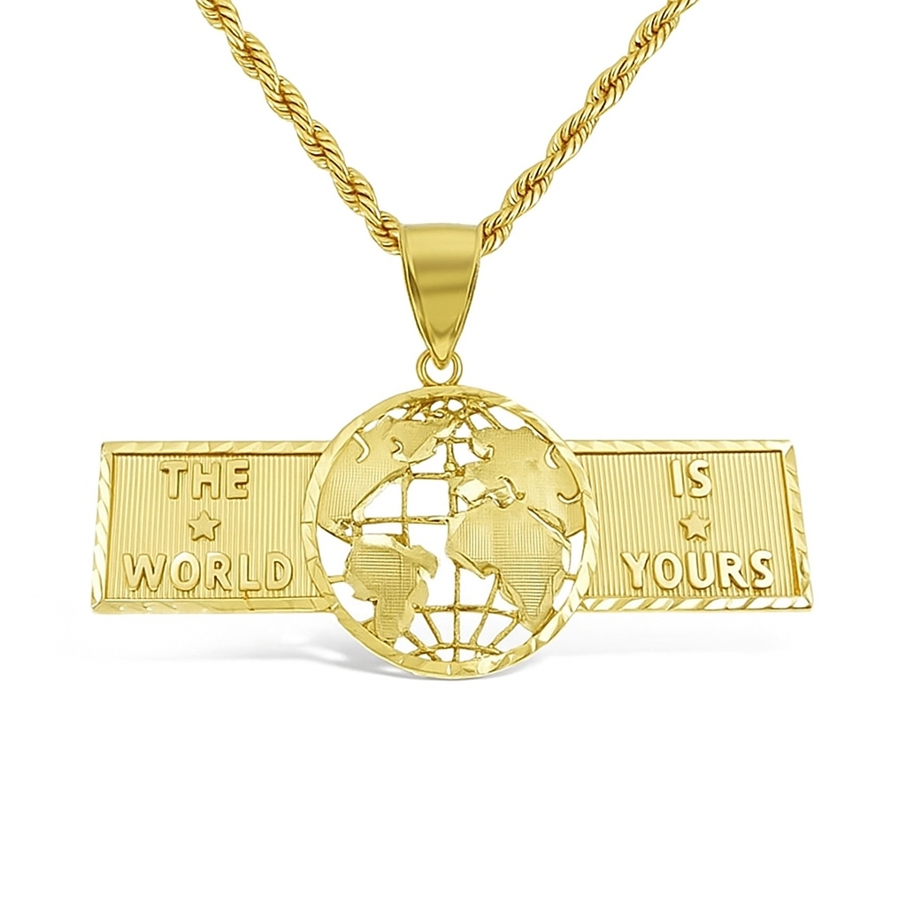 Gold Plated Earth Pendant with Rope Chain  "Globe The World is Yours " Necklace