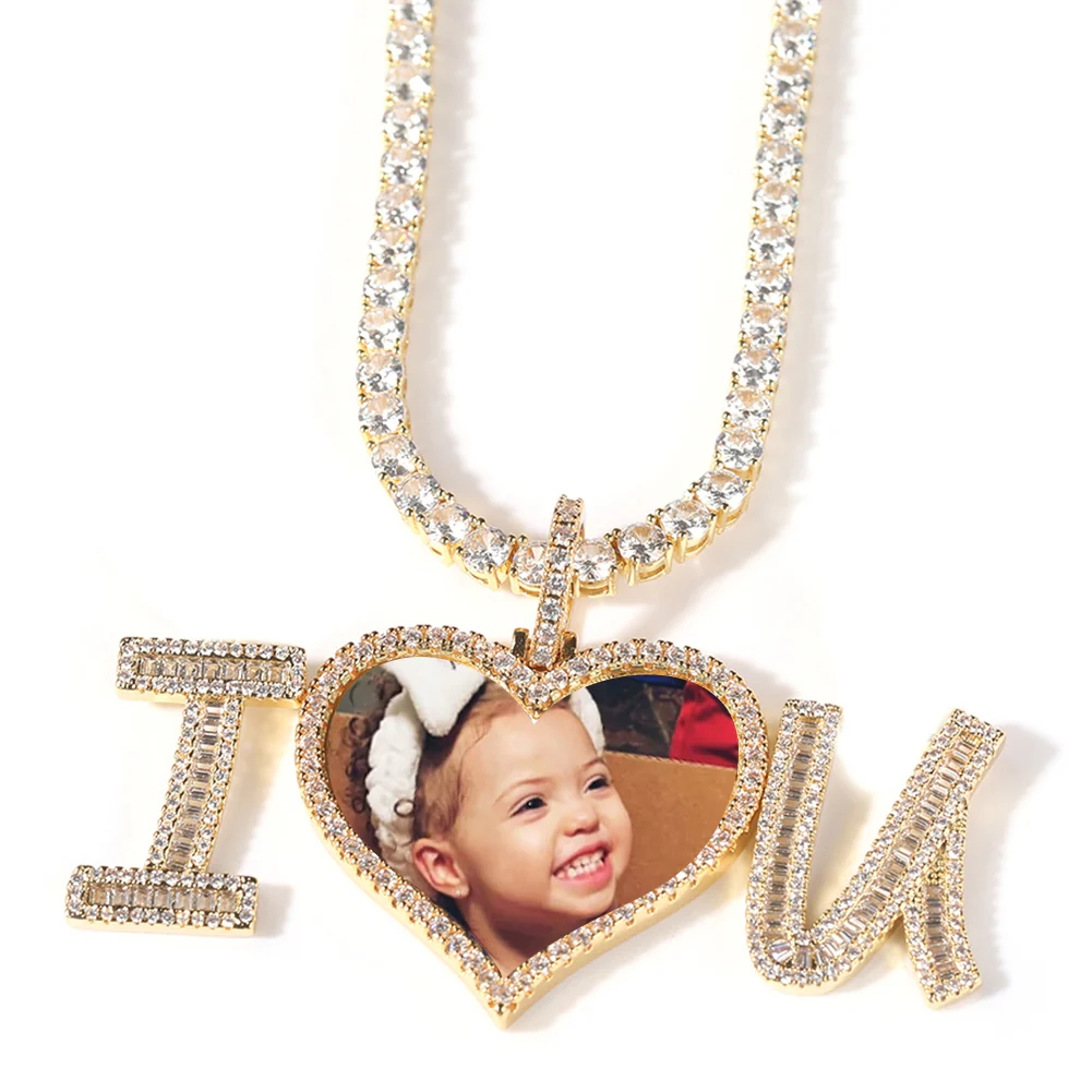 Personalized I Love U Heart Pendant Photo Necklace With Tennis Chain