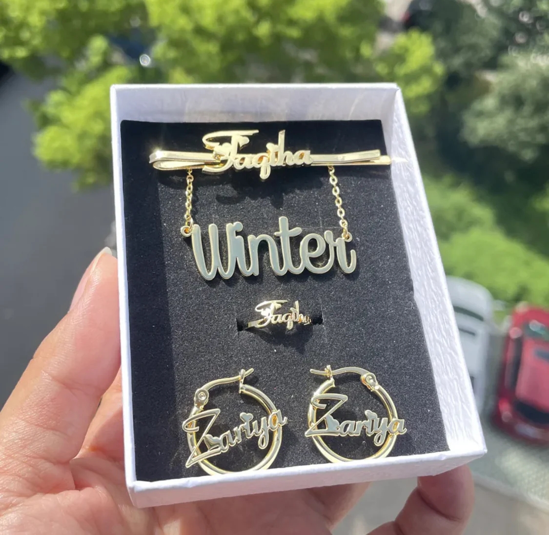 4 Pcs Jewelry Set Personalized Gold Plated Name Necklace Earrings Ring Hair Clip Pin