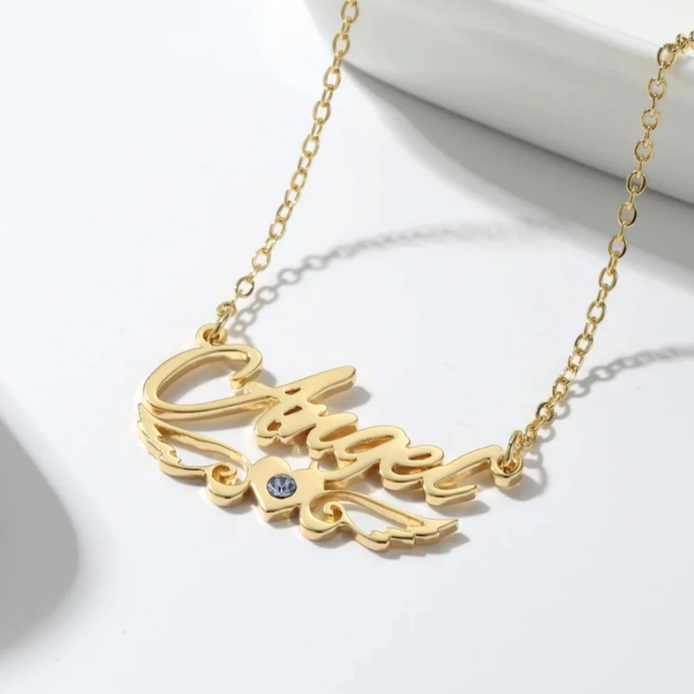 Gold Plated Personalized Birthstone Wing Heart Custom Name Necklace