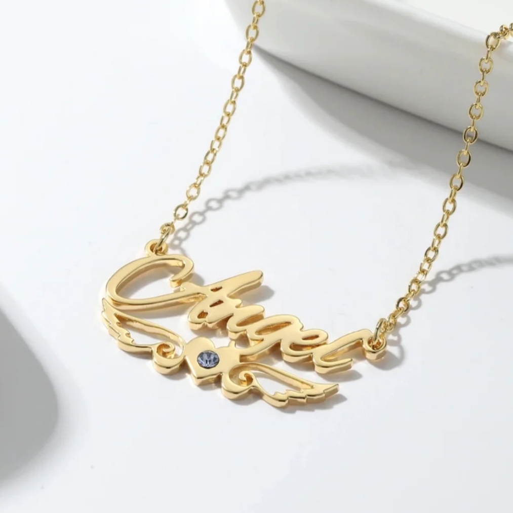 Gold Plated Personalized Birthstone Wing Heart Custom Name Necklace