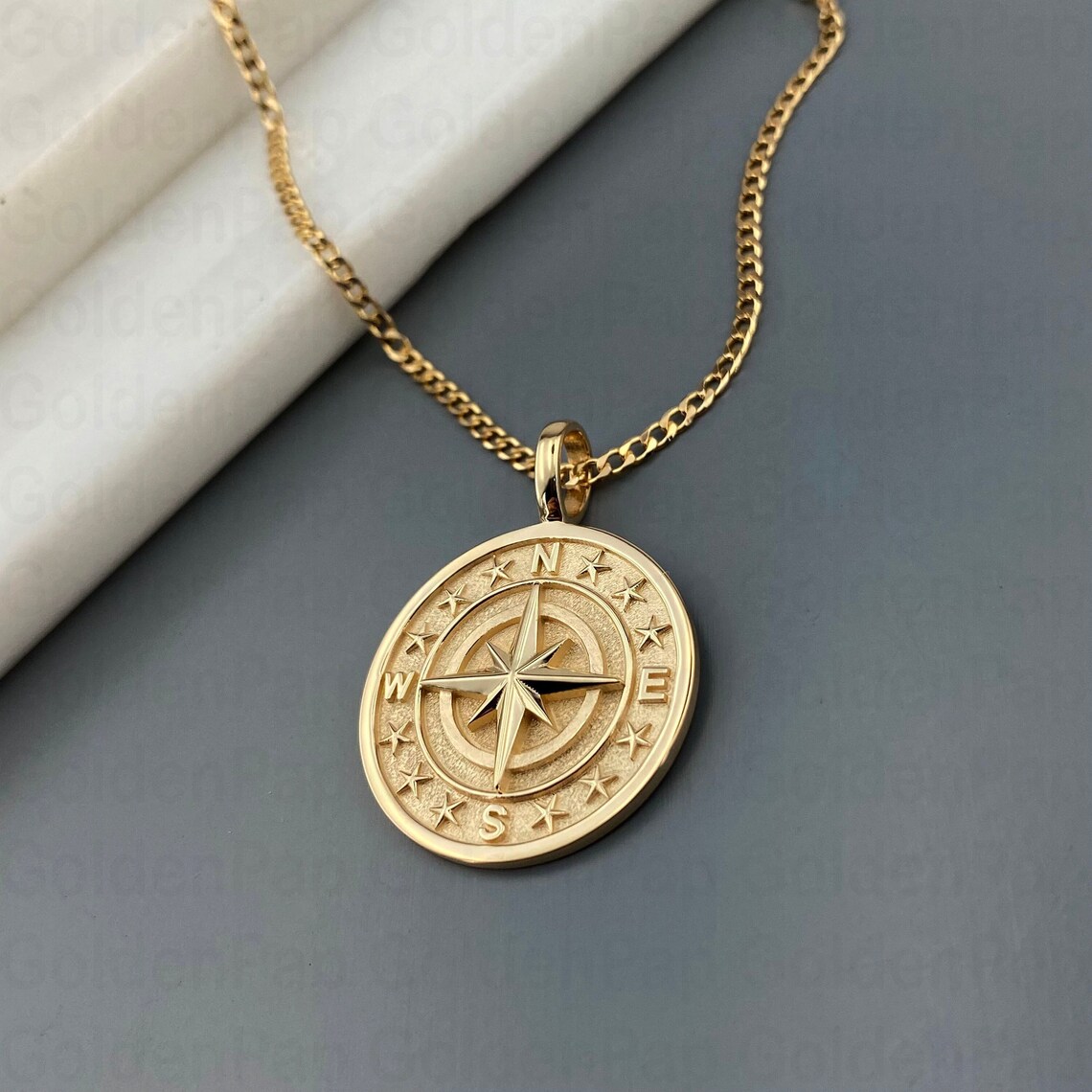 14K Gold Plated Compass Pendant Necklace For Men