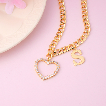 Cuban Chain Heart Pendant Custom Initial Necklace