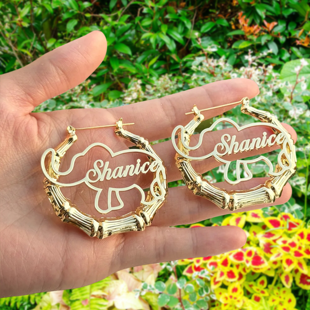 Bamboo Elephant Hoop Earring Custom Name Earrings