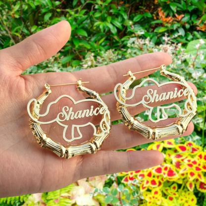 Bamboo Elephant Hoop Earring Custom Name Earrings
