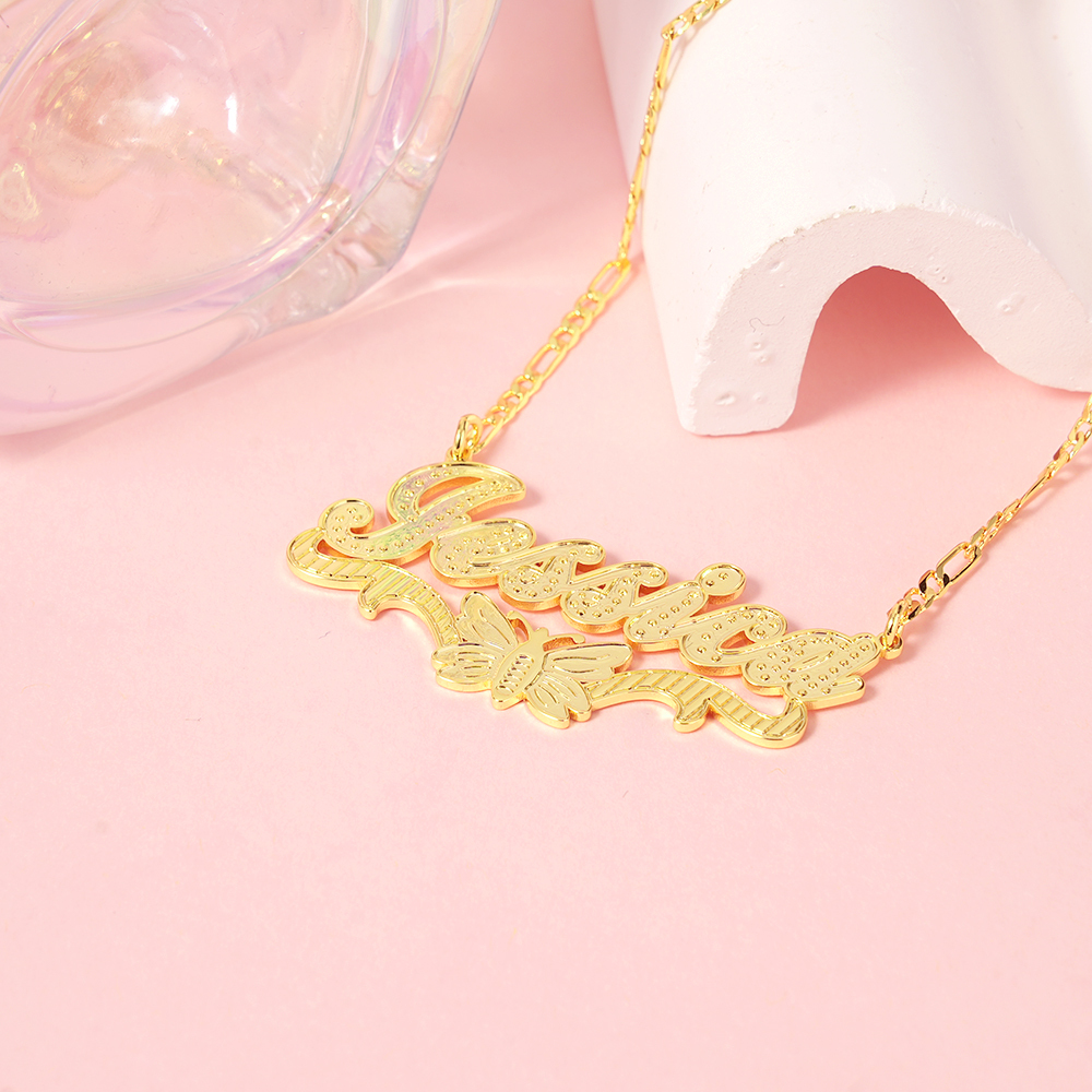 Double Layer Butterfly Nameplate Pendant Personalized Custom Gold Plated Name Necklace