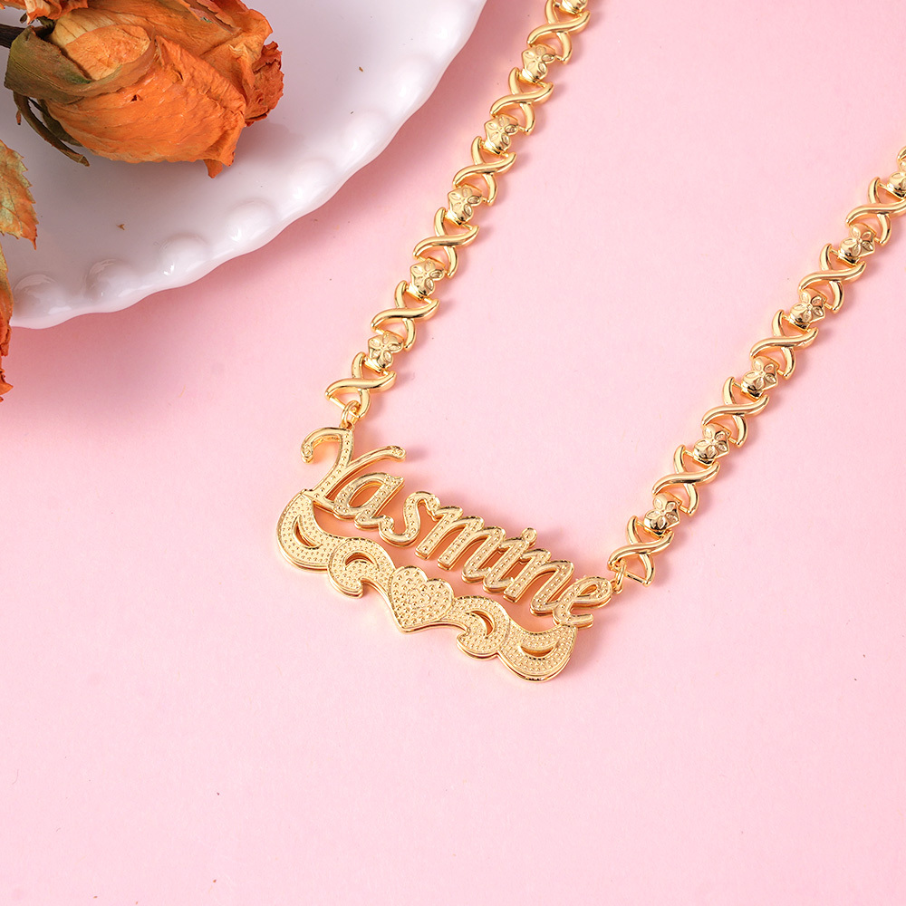 Double Layer Heart Nameplate Pendant Personalized Custom Gold Plated Name Necklace Gift For Her