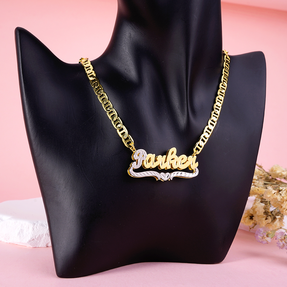 Marine Chain Personalized Double Layer Two Tone Heart Name Necklace