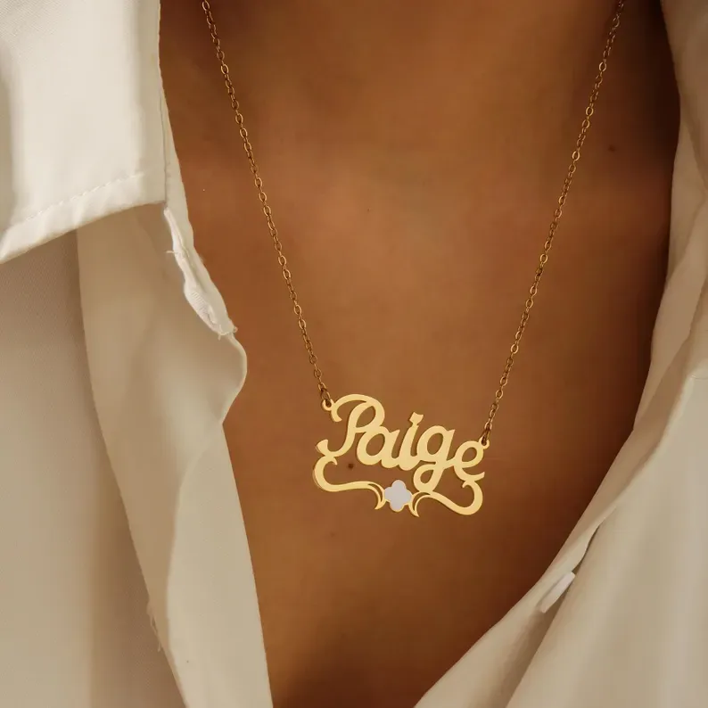 Custom Gold Plated Clover Charm Color Name Necklace