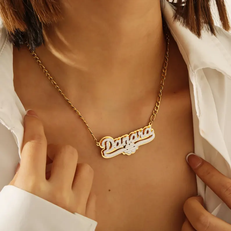 Gold Plated Double Layer Clover Pendant Name Necklace
