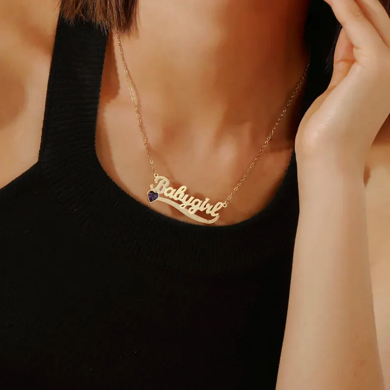 Gold Plated Birthstone Heart Name Necklace