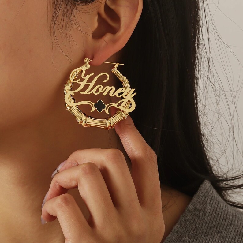 Gold Plated Personalized Bamboo Hoop Clover Name Earrings
