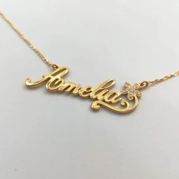 Personalized Name Neckalce Gold Plated Necklace with Diamond Flower