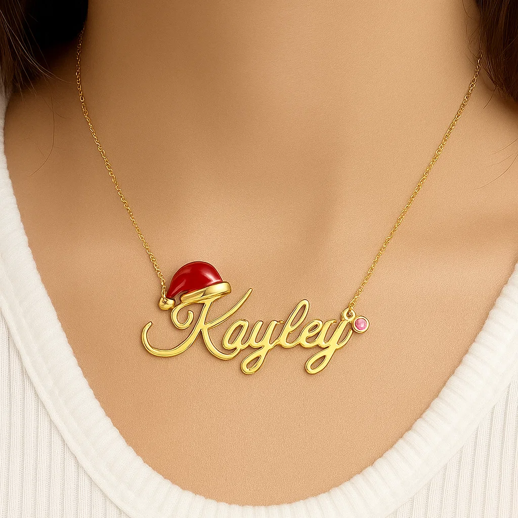 Santa Hat Nameplate Personalized Custom Birthstone Name Necklace Christmas Gift
