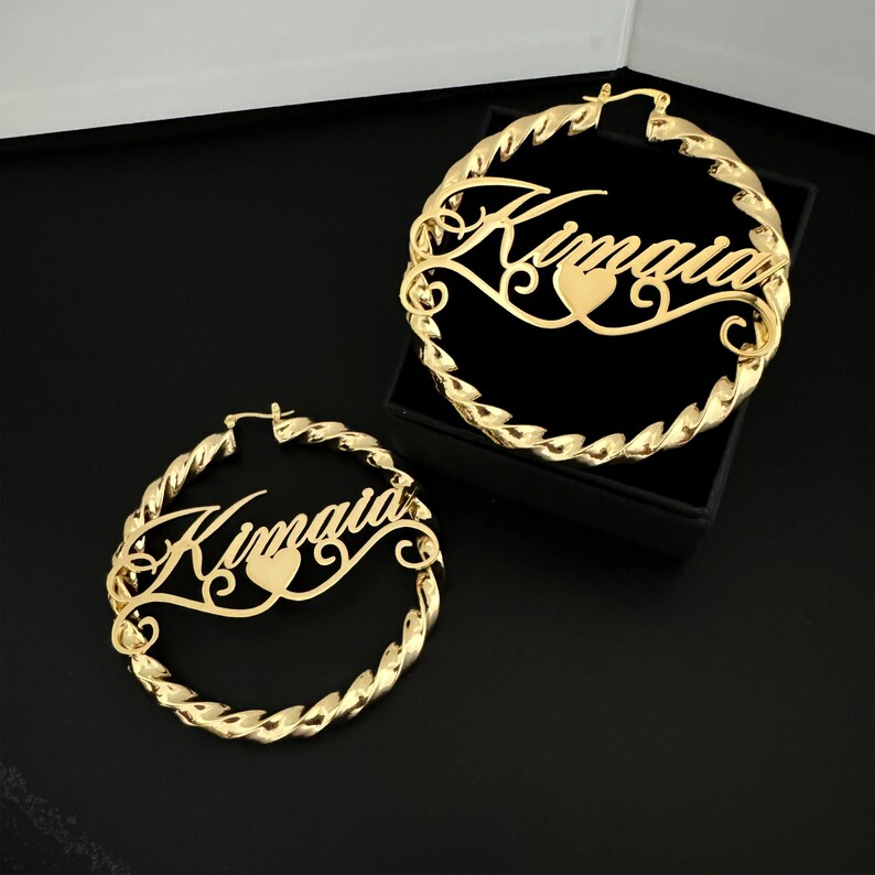 Custom Twist Hoop Name Earrings Gold Plated Large Hoop Earrings
