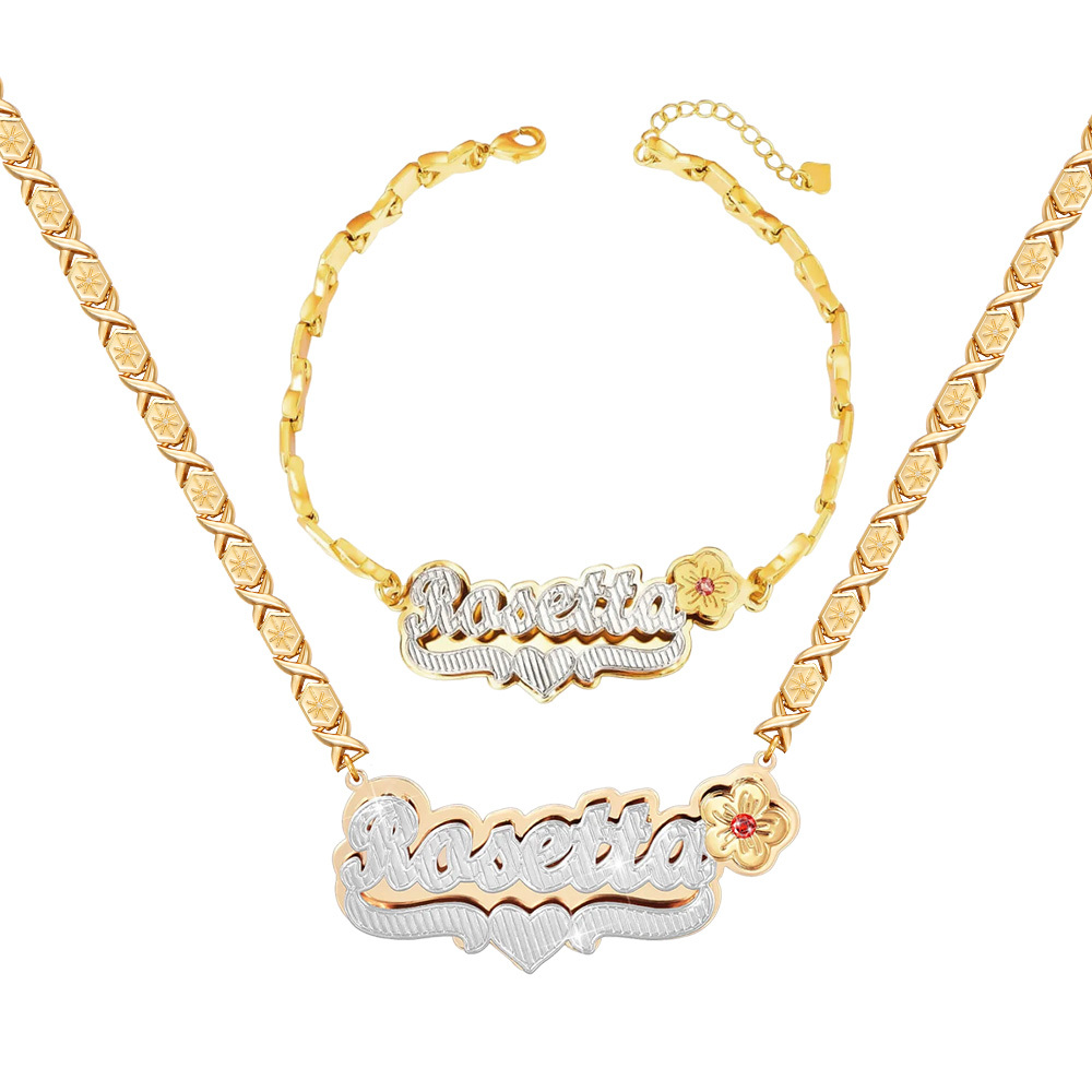 Flower Birthstone and Heart Double Plate with XOXO Chain Personalized Name Necklace Bracelet Set
