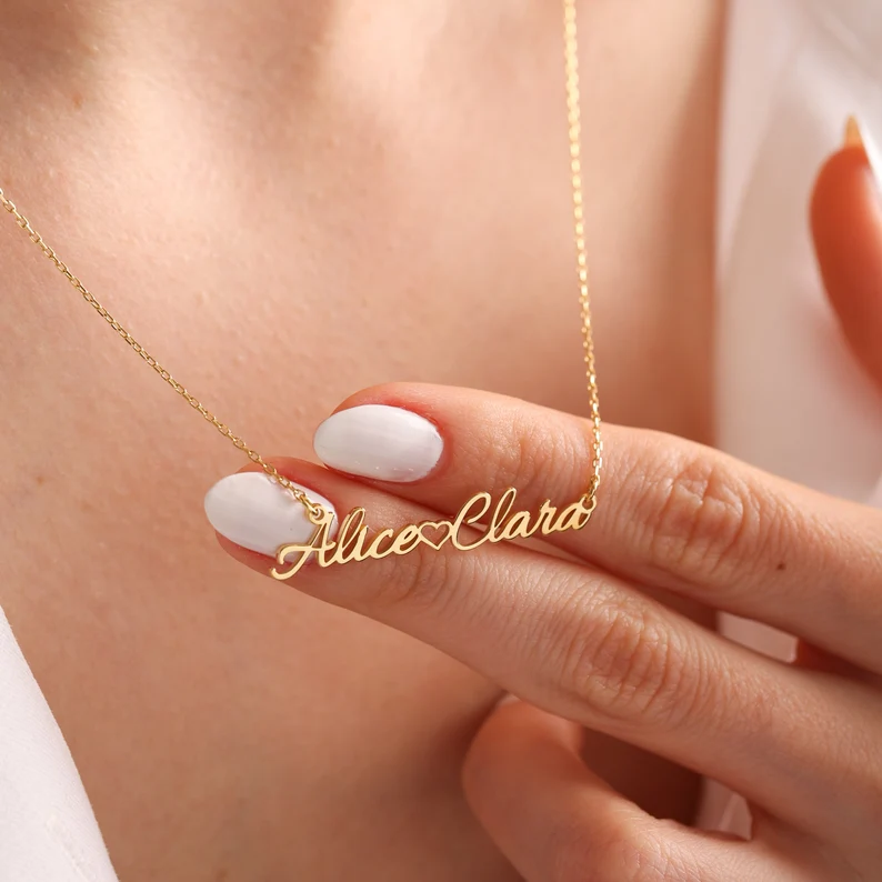 Gold Plated Two Names Necklace Custom Names Necklace with Heart