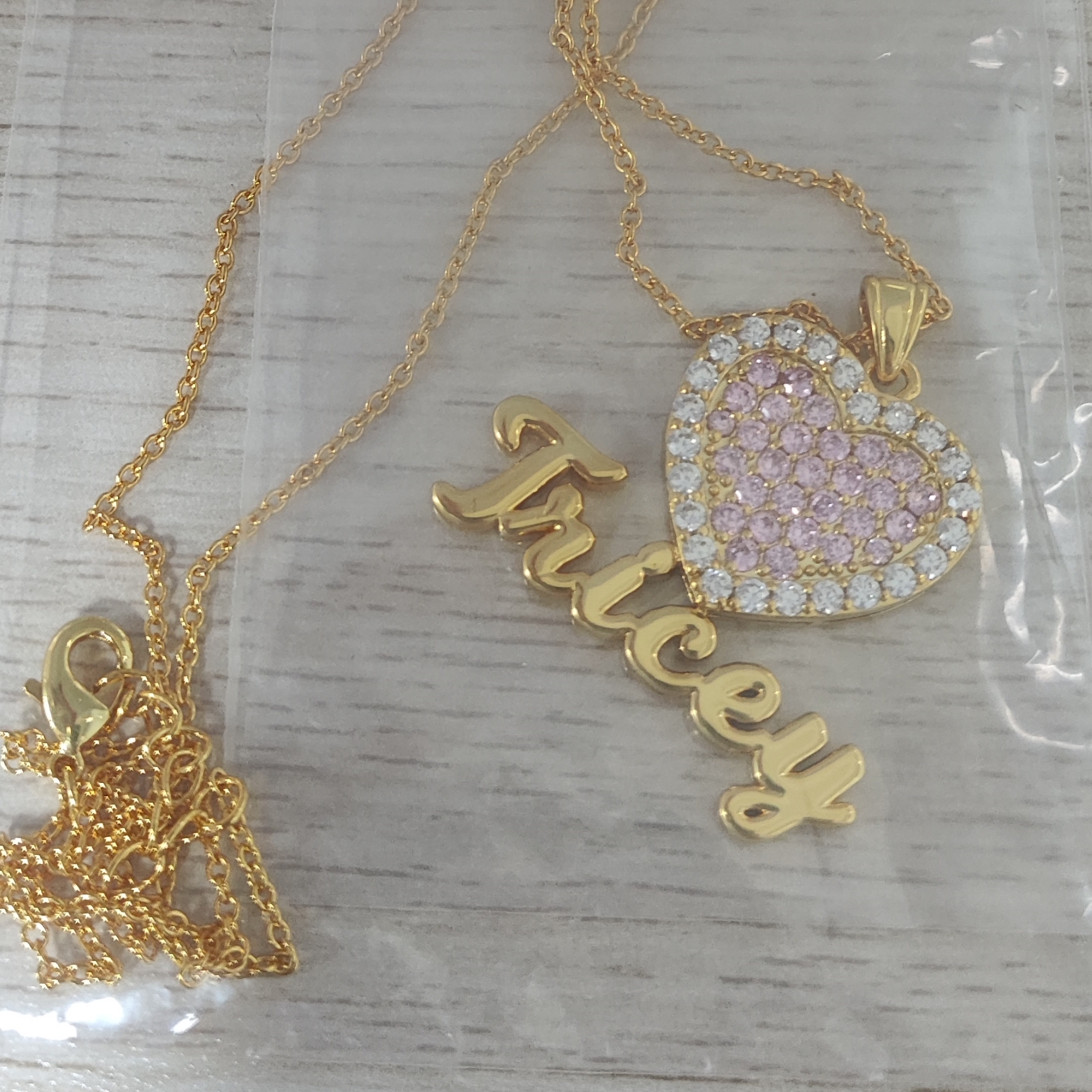 Pink Zircon Heart Nameplate Personalized Custom Name Necklace