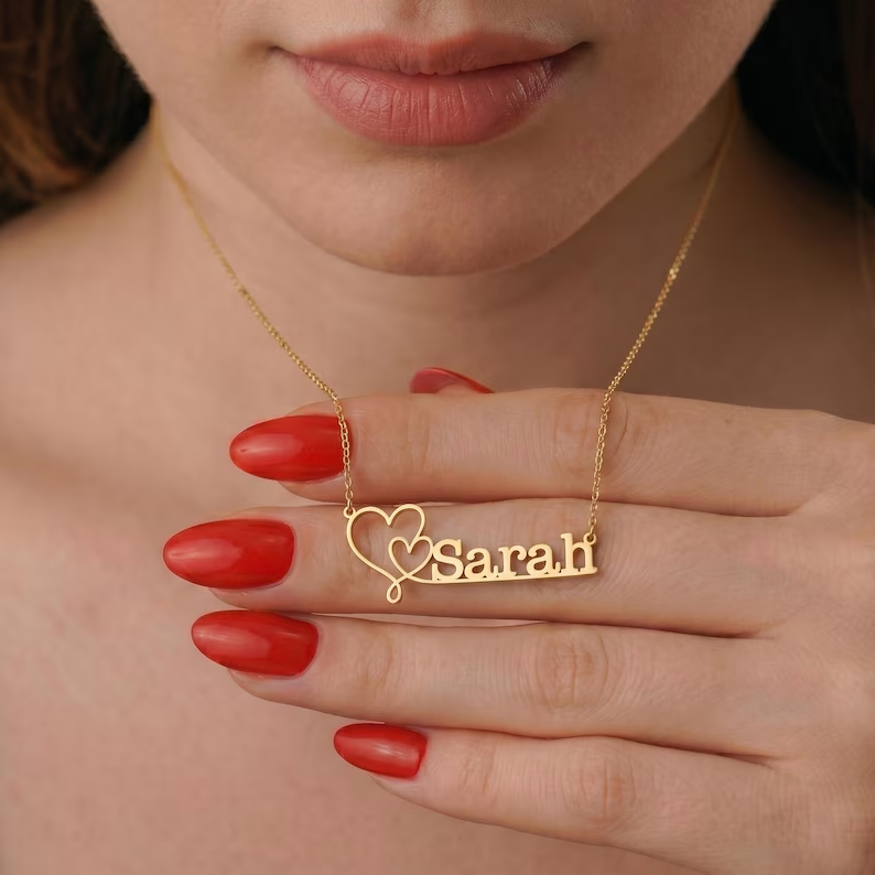 Double Heart Name Necklace Gold Plated Custom Name Necklace