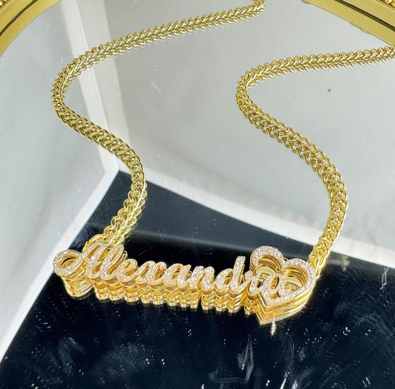 Shiny Bling Double Plate Heart Name Necklace Custom Name Necklace