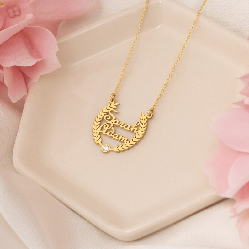 Gold Plated Laurel Wreath Names Necklace Custom Double Names Necklace