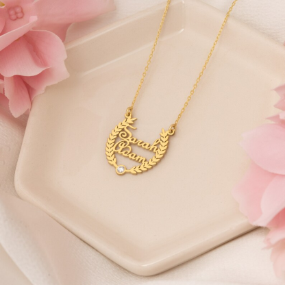 Gold Plated Laurel Wreath Names Necklace Custom Double Names Necklace