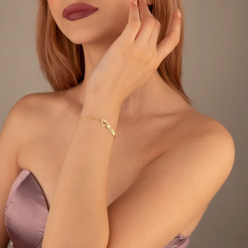 Gold Plated Bar Name Bracelet with Heart