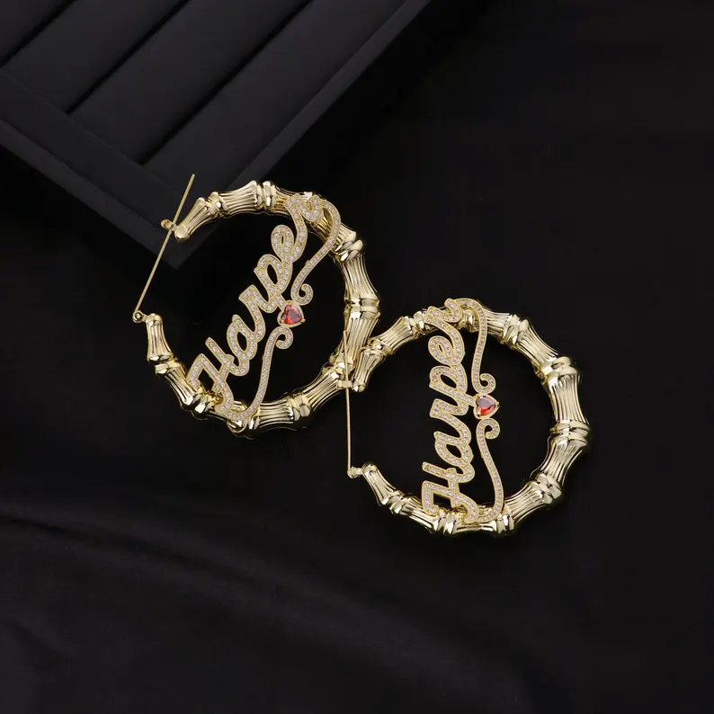 Personalized Birthstone Bamboo Earrings Custom Name Earrings with Heart