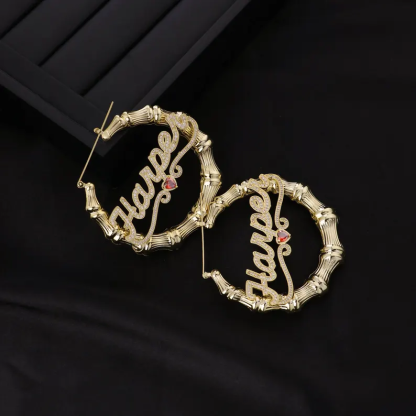 Personalized Birthstone Bamboo Earrings Custom Name Earrings with Heart