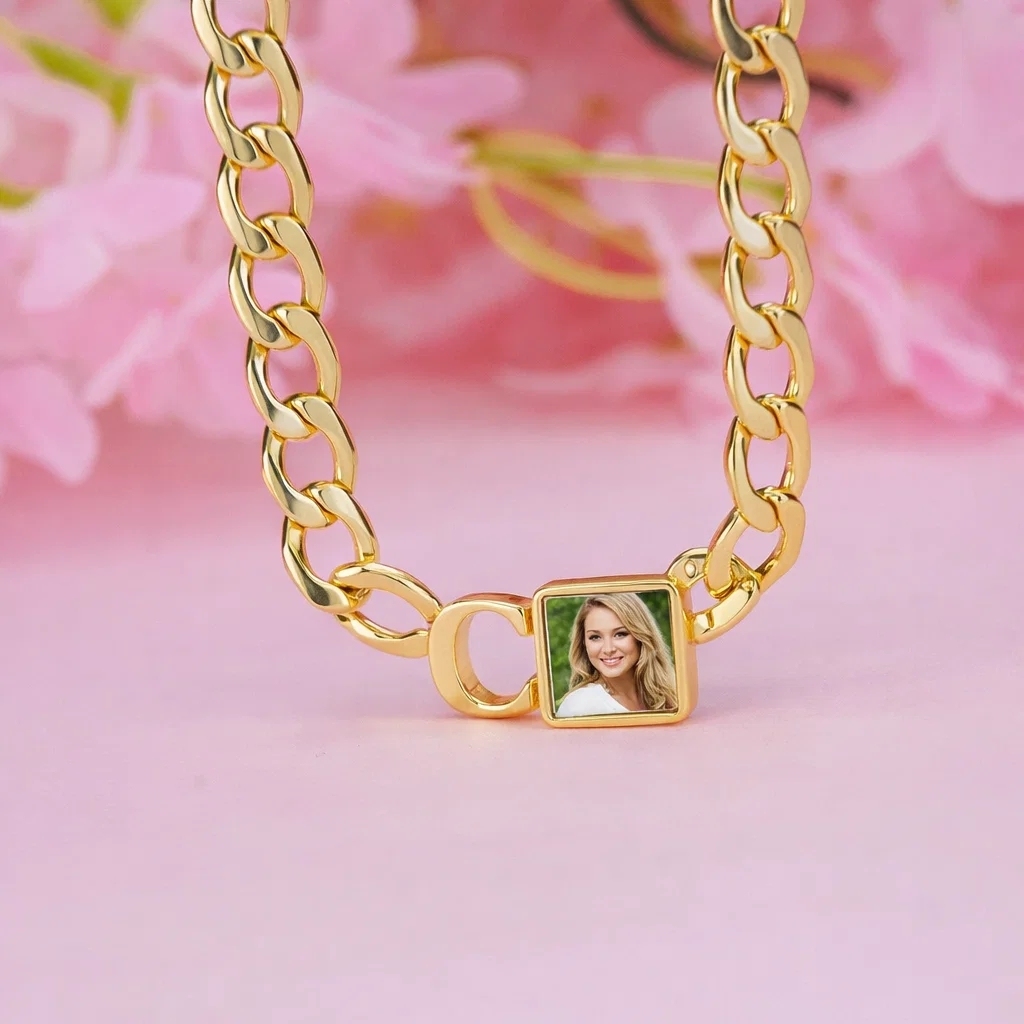 Custom Square Photo Necklace Initial Letter Pendant Necklace with Cuban Chain