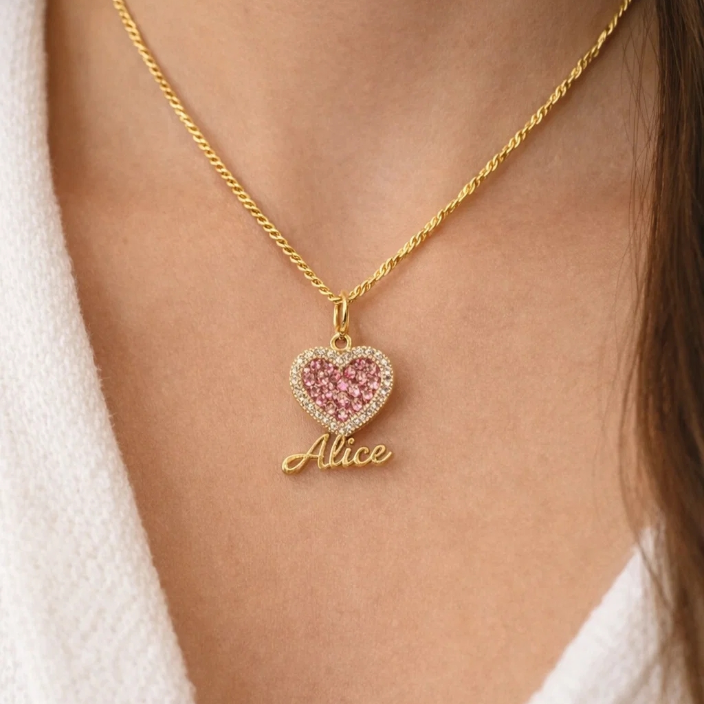Pink Zircon Heart Nameplate Personalized Custom Name Necklace