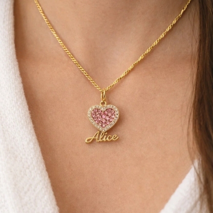 Pink Zircon Heart Nameplate Personalized Custom Name Necklace