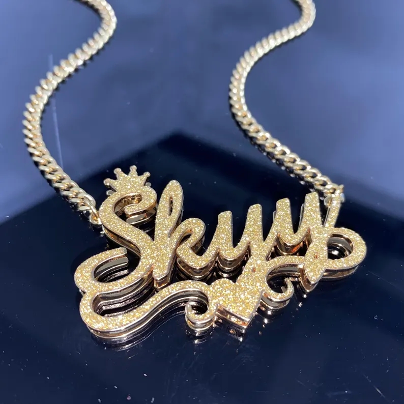 Custom Shiny Bling Nameplate Crown Name Necklace with Heart