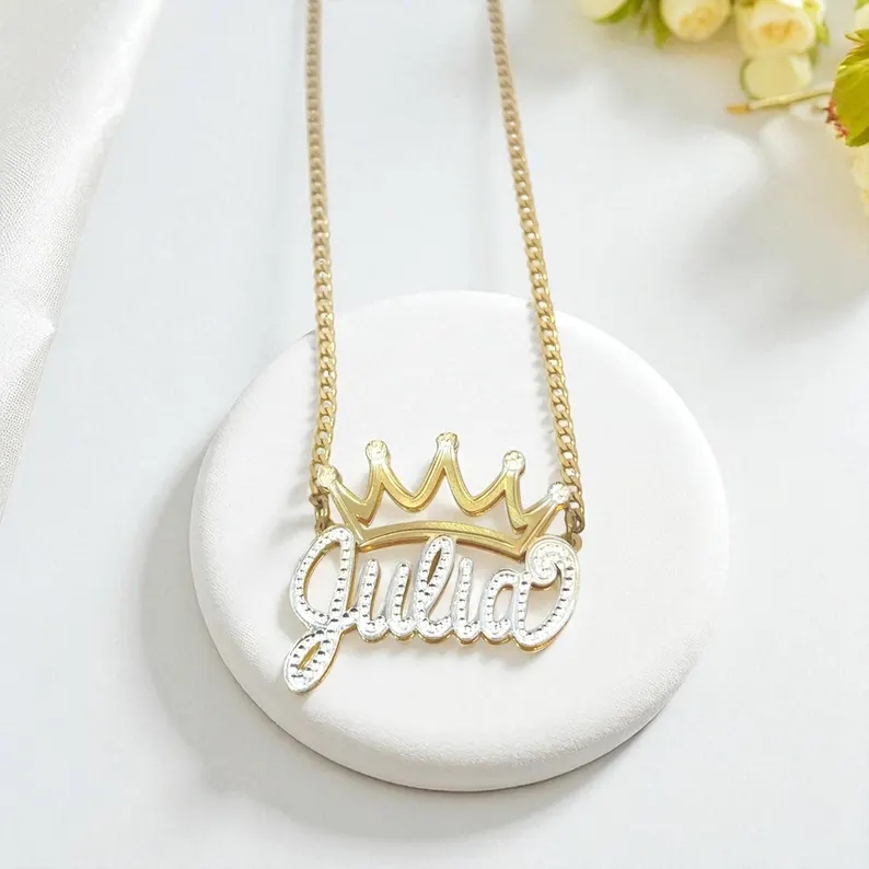 Shiny Crown Nameplate Pendant Two Tone Double Layer Custom Name Necklace