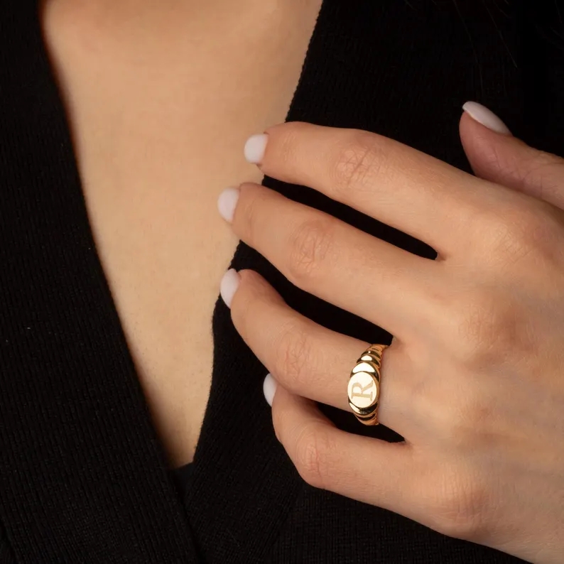 Gold Plated Ribbed Initial Ring Personalized Engraved Initial Ring