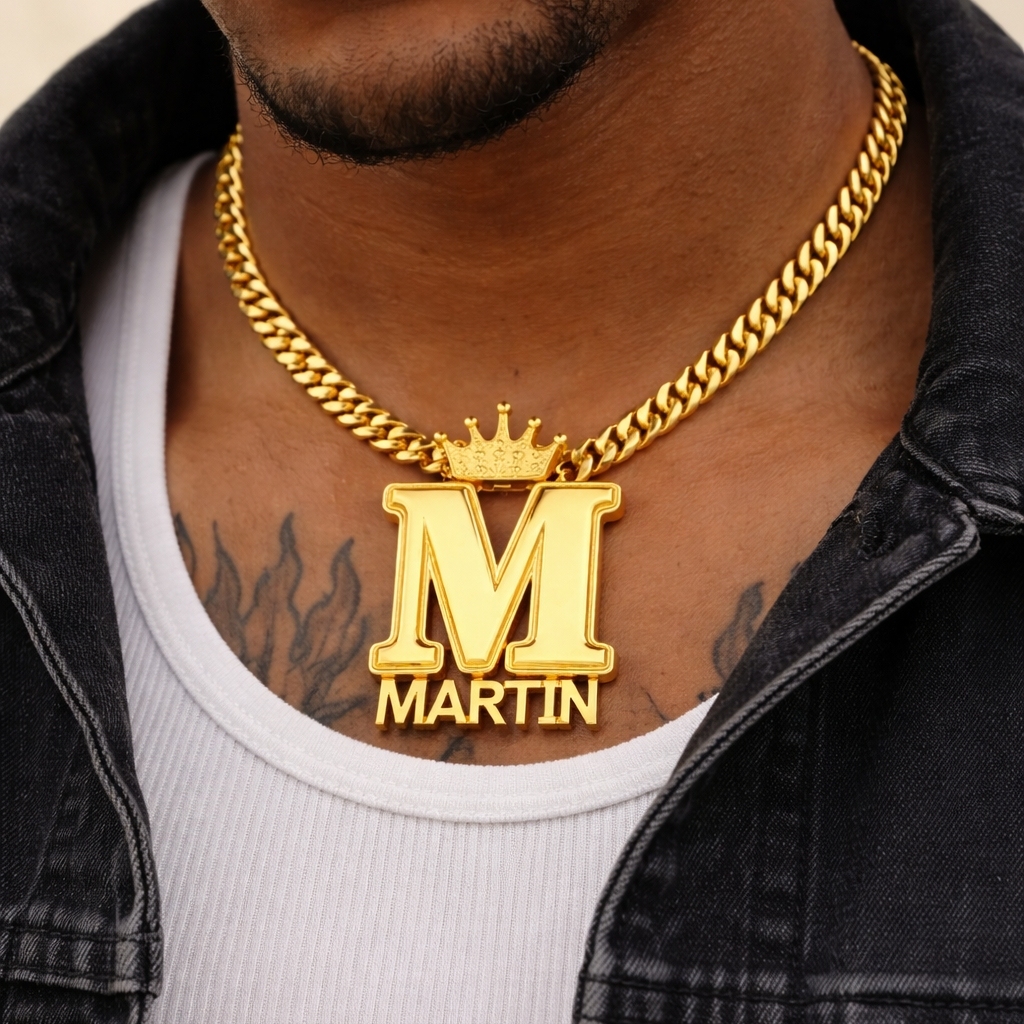 Big Initial Mini Nameplate Pendant Gold Plated Custom Crown Name