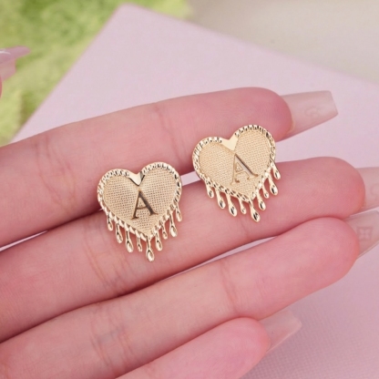 Dripping Diamond Cut Vintage Stud Earrings Personalized Heart Love Initial Earrings