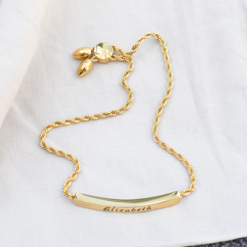 Personalised Name Bar Bracelet with Adjustable Rope Chain