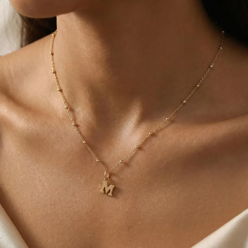 Gold Plated Personalized Initial Necklace with Bead Chain